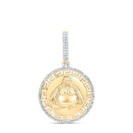 10K Yellow Gold Real Diamond Greek Key Medallion Laughing Buddah Pendant 1/2 CT