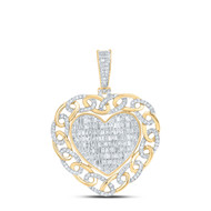 10K Yellow Gold Baguette Diamond Women's Cuban Link Frame Heart Pendant 1 CT