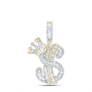 10K Yellow Gold Baguette Diamond Men's Iced Dollar Sign $ w/ Crown Pendant 1 CT