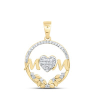 10K Yellow Gold Diamond Women's 'MOM' w/ Heart Pendant Wreath Frame Charm 1/6 CT
