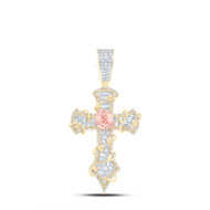 10K Yellow Gold Baguette Diamond Mens Vine Wrapped Cross w/ Rose Pendant 1.75 CT