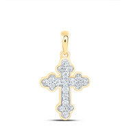 10K Yellow Gold Round Cut Diamond Women's Budded Cross Mini Pendant 1/8 CT.
