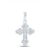 10K White Gold Round Cut Diamond Women's Budded Cross Mini Pendant 1/8 CT.