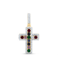 10K Yellow Gold Diamond & Gemstone Religious Cross Pendant 1.10" Charm 3/4 CT.