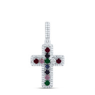 10K White Gold Diamond & Gemstone Religious Cross Pendant 1.10" Charm 3/4 CT.