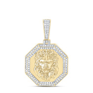 10K Yellow Gold Real Diamond Men's Roaring Lion Octagon Medallion Pendant 1/2 CT