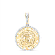 10K Yellow Gold Diamond Men's Lion in Greek Key Round Medallion Pendant 0.63 CT