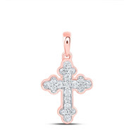 10K Rose Gold Round Cut Diamond Women's Budded Cross Mini Pendant 1/8 CT.