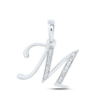 10K White Gold Round Cut Diamond Women's Initial 'M' Letter Pendant 1/10 CT.