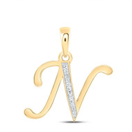 10K Yellow Gold Round Cut Diamond Women's Initial 'N' Letter Pendant 1/20 CT.