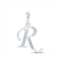 10K White Gold Round Cut Diamond Women's Initial 'R' Letter Pendant 1/12 CT.