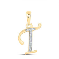 10K Yellow Gold Round Cut Diamond Women's Initial 'T' Letter Pendant 1/20 CT.