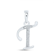 10K White Gold Round Cut Diamond Women's Initial 'T' Letter Pendant 1/20 CT.
