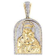 10K Yellow Gold Round Diamond Mother Mary & Baby Jesus Pendant 1.5" Charm 1/2 CT