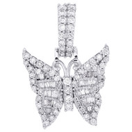 10K White Gold Round & Baguette Diamond Women's Butterfly Small Pendant 0.95 CT
