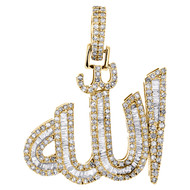 10K Yellow Gold Round & Baguette Diamond Arabic Script Allah Pendant 1.40 CT.