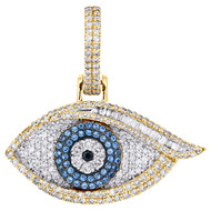 10K Yellow Gold Blue Diamond Women's Evil Eye Pendant Baguette Cut Charm 1.30 CT
