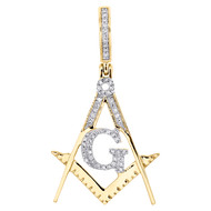 10K Yellow Gold Diamond Freemason Masonic Square & Compass Pendant Charm 1/8 CT.