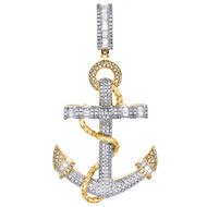 10K Yellow Gold Baguette Diamond Ship Anchor Rope Pendant 2" Pave Charm 0.95 CT.