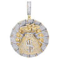 10K Yellow Gold Round Diamond Money Bag Medallion Pedant 1.95" Charm 2.25 CT.