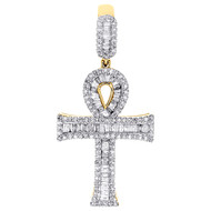 10K Yellow Gold Baguette Diamond Egyptian Ankh Cross Pendant 1.5" Charm 7/8 CT.