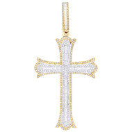 10K Yellow Gold Baguette Diamond Men's Pointed Cross Pendant Domed Charm 2.25 CT