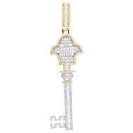 10K Yellow Gold Baguette Diamond Fleur De Lis Key Pendant Hip Hop Charm 2.05 CT