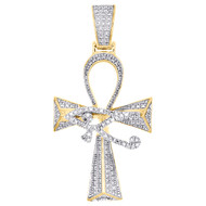 10K Yellow Gold Diamond Eye of Ra Ankh Cross Pendant Men's Beveled Charm 0.31 CT