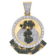 10K Yellow Gold Green Diamond $100 Stack Money Bag Pendant Circle Charm 0.92 CT