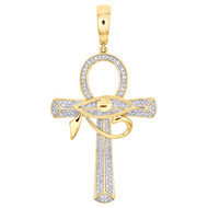 10K Yellow Gold Diamond Eye of Ra Ankh Cross Pendant Men's Beveled Charm 1/3 CT