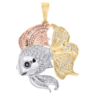 10K Tri-Color Gold Black & White Diamond Women's Fancy Beta Fish Pendant 0.27 CT