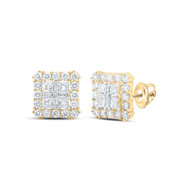 10K Yellow Gold Real Baguette Diamond Unisex Quad Square Stud Earrings 1.33 CT