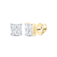 10K Yellow Gold Real Quad Round Diamond Unisex 4.5mm Square Stud Earrings 1/6 CT