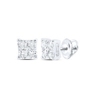10K White Gold Real Quad Round Diamond Unisex 4.5mm Square Stud Earrings 1/6 CT