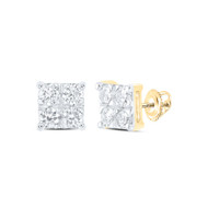 10K Yellow Gold Real Quad Round Diamond Unisex 7mm Square Stud Earrings 1/2 CT