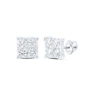 10K White Gold Real Quad Round Diamond Unisex 7mm Square Stud Earrings 1/2 CT