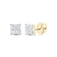 10K Yellow Gold Real Quad Round Diamond Unisex 7mm Square Stud Earrings 3/4 CT