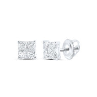 10K White Gold Real Quad Round Diamond Unisex 7mm Square Stud Earrings 3/4 CT