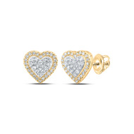 10K Yellow Gold Genuine Diamond Women's Tiered Halo Heart Stud Earrings 1/5 CT