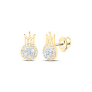 10K Yellow Gold Real Diamond Unisex Cluster Circle w/ Crown Stud Earrings 1/5 CT