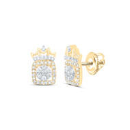 10K Yellow Gold Real Diamond Unisex Cluster Square w/ Crown Stud Earrings 1/3 CT