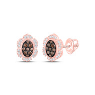 10K Rose Gold Real Brown Diamond Women's Floral Oval Frame Stud Earrings 1/5 CT