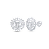 10K White Gold Baguette Diamond Double Circle & Square Stud Earrings 7/8 CT