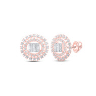 10K Rose Gold Baguette Diamond Double Circle & Square Stud Earrings 7/8 CT