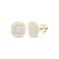 10K Yellow Gold Genuine Baguette Diamond 10mm Halo Square Stud Earrings 3/4 CT