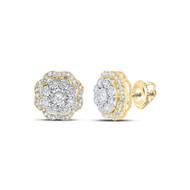 10K Yellow Gold Genuine Diamond Unisex 12mm Octagon Flower Stud Earrings 1/2 CT