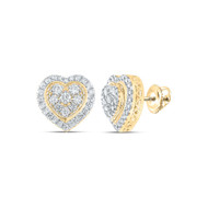 10K Yellow Gold Genuine Diamond Women's Raised Halo Heart Stud Earrings 1.25 CT