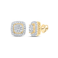 14K Yellow Gold Diamond Unisex 8mm Cluster Raised Halo Square Stud Earrings 1 CT