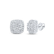 14K White Gold Diamond Unisex 8mm Cluster Raised Halo Square Stud Earrings 1 CT