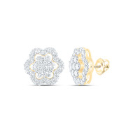 10K Yellow Gold Genuine Diamond Women's Cluster Flower Halo Stud Earrings 2 CT